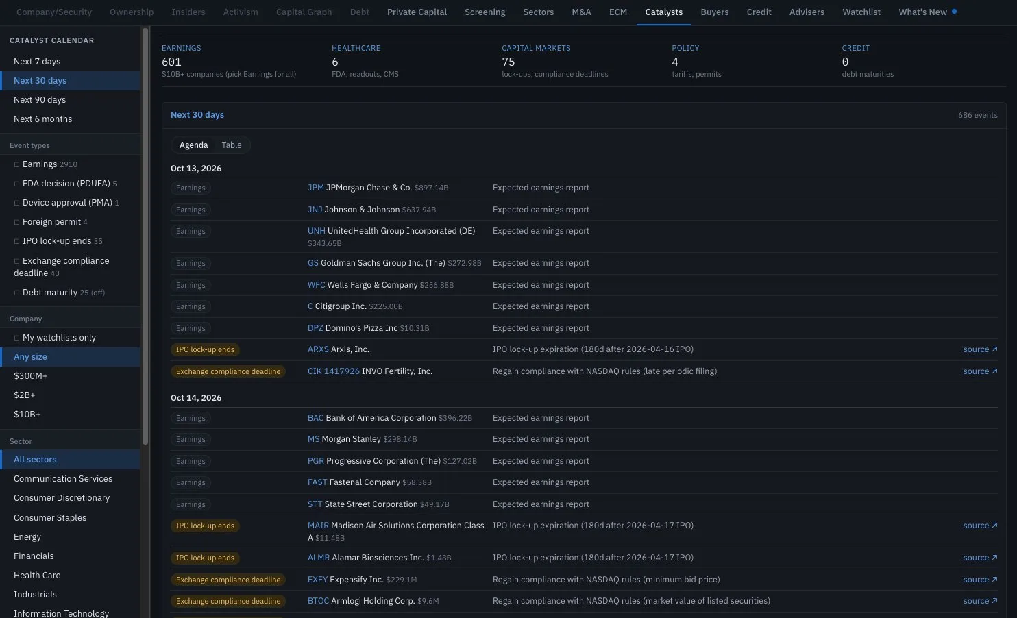 The market-wide catalyst calendar in the app